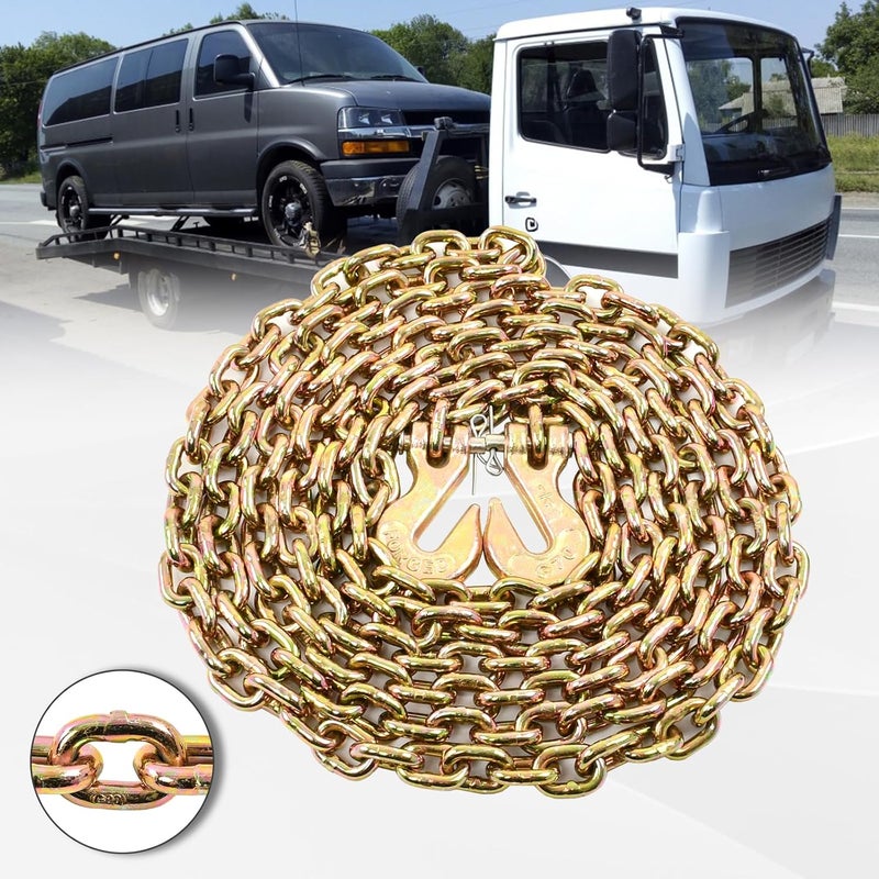 BIGREAT Heavy Duty G80 Transport Binder Chain 1/4'' Inch x 12 Feet,Tow Chain with G70 Clevis Grab Hooks,3300 lbs Safe Working Load Logging for Transporting, Towing(1/4'' x 12FT Yellow). - Image 3